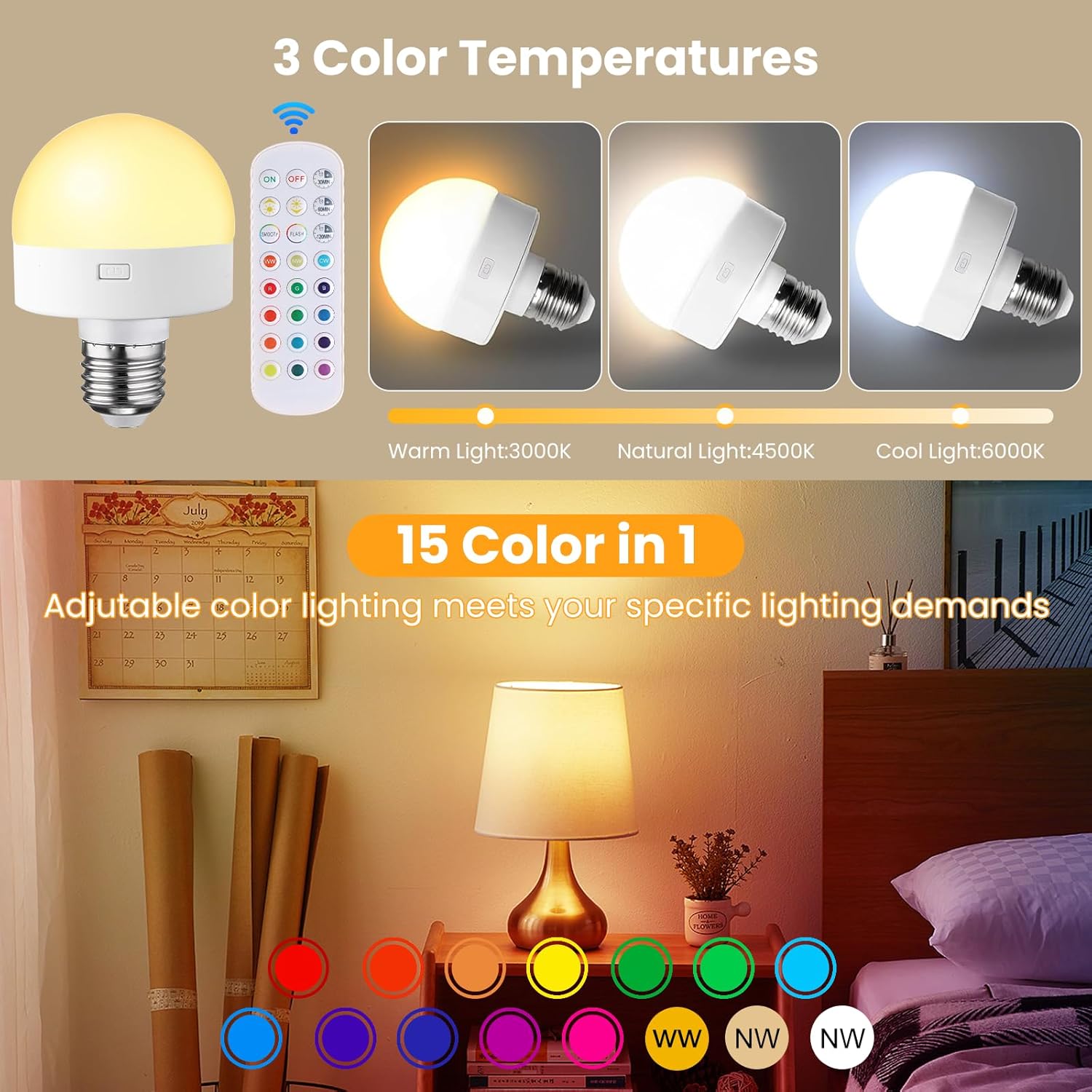 Rechargeable Light Bulbs with Remote Control, Battery Operated Light Bulb for Sconce and Lamp, 3 Color Temperature Dimmable E26 Wireless Detachable LED Charging Bulb