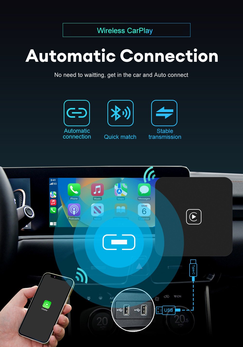 Wired to wireless Carplay wireless transmission adapter