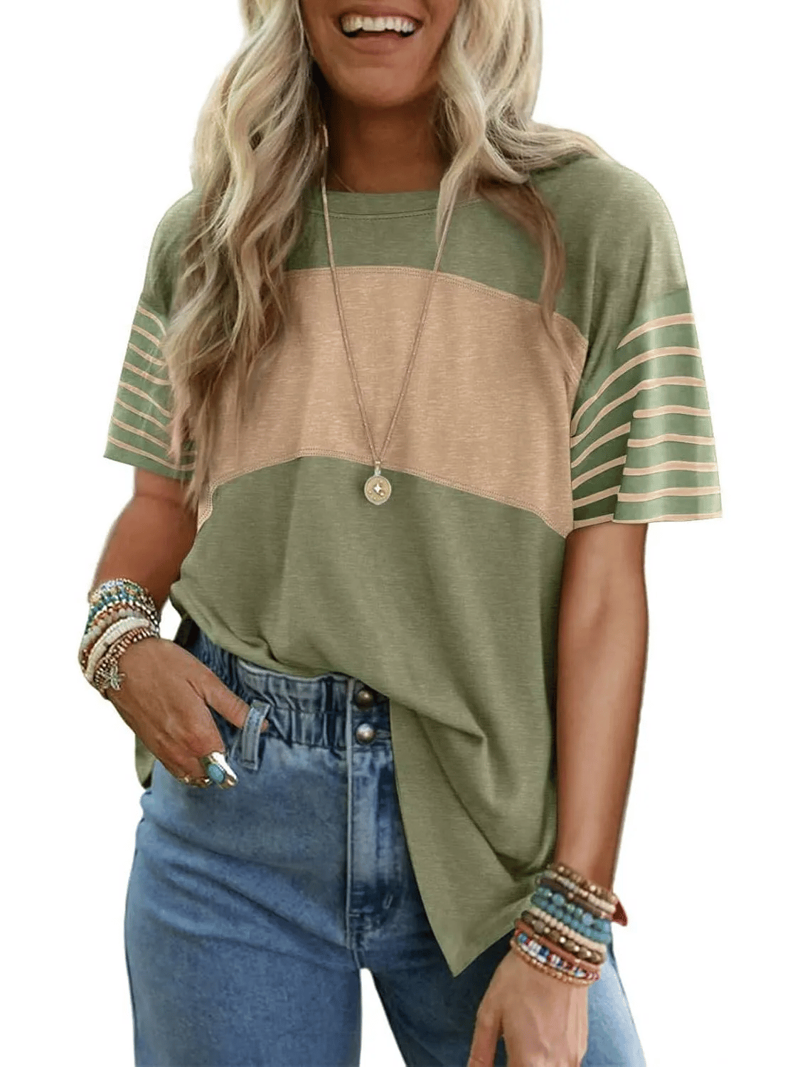 Womens Oversized Crewneck Casual Color Block Striped Shirts Blouses