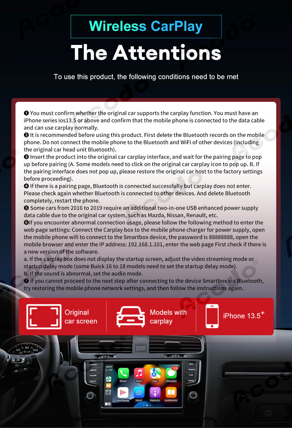 Wired to wireless Carplay wireless transmission adapter