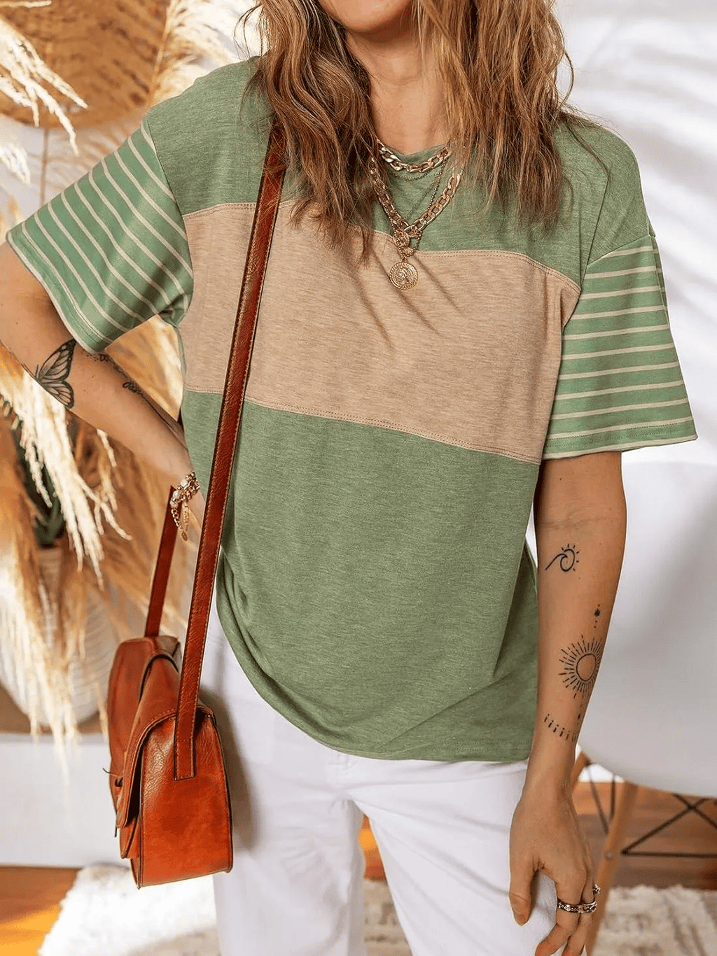 Womens Oversized Crewneck Casual Color Block Striped Shirts Blouses