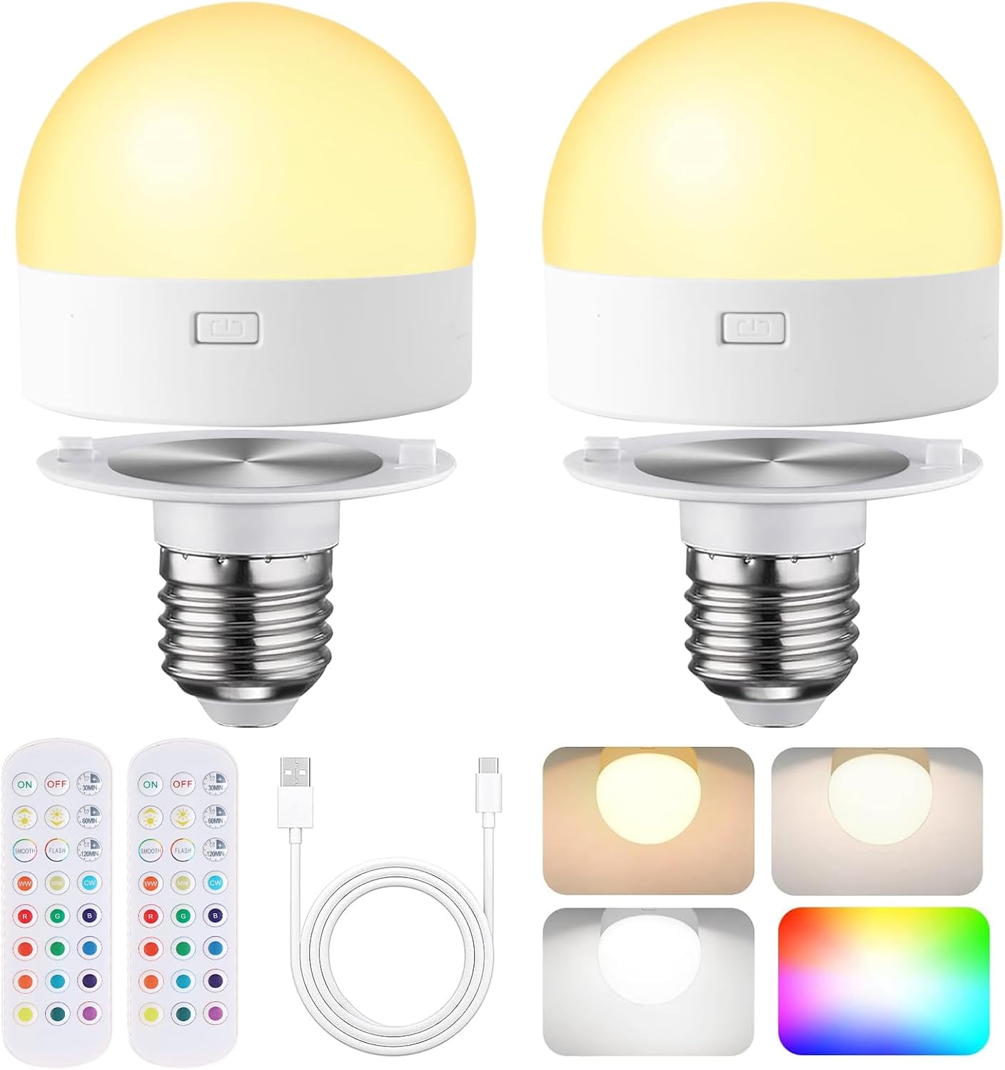 Rechargeable Light Bulbs with Remote Control, Battery Operated Light Bulb for Sconce and Lamp, 3 Color Temperature Dimmable E26 Wireless Detachable LED Charging Bulb
