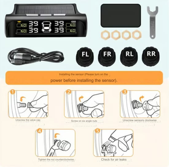🏆Solar Powered Car Tire Pressure Monitoring Tool