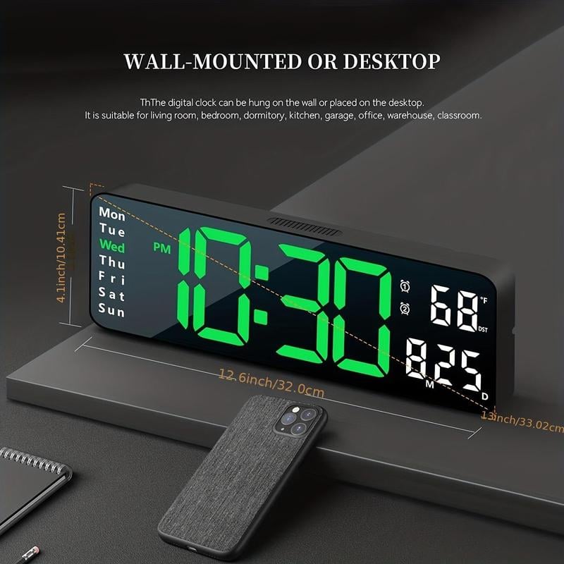 13" Large Digital Clock with Temperature, Date, Auto DST, Night Light, Auto Brightness Dimmer