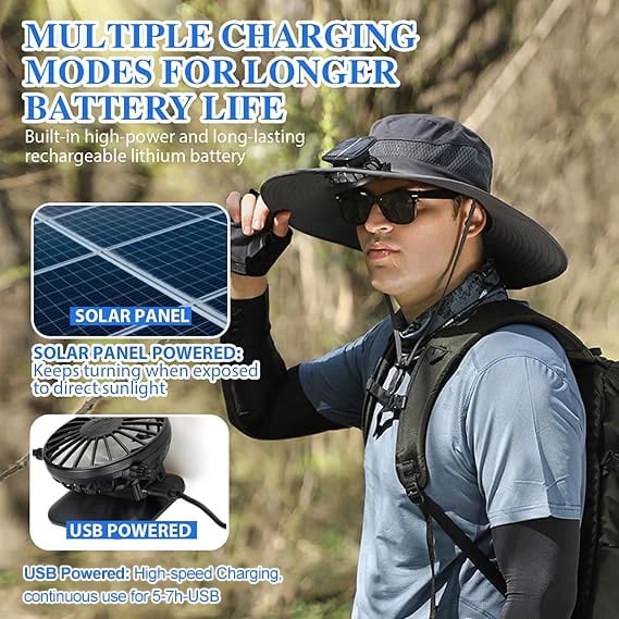 🔥Father's Day Sale- Wide Brim Solar Fan Outdoor Fishing Hat-Solar & USB Charging