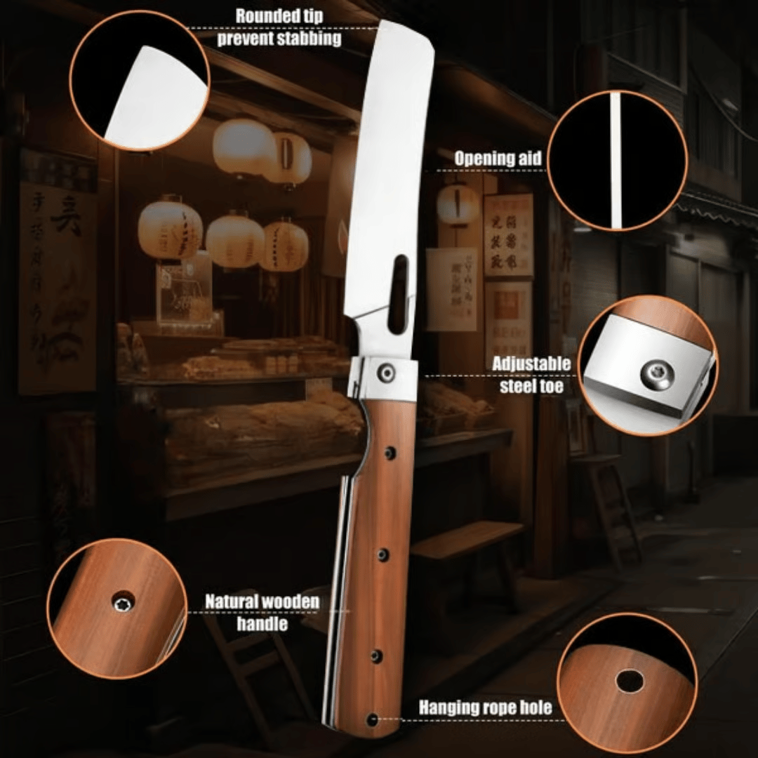 🔥✨Eternal-starlight Folding Nakiri Knife – 4Cr13 Stainless Steel Wood Handle Portable Chef Knife