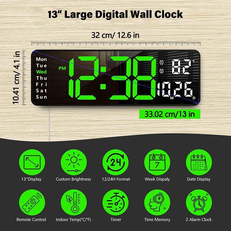 13" Large Digital Clock with Temperature, Date, Auto DST, Night Light, Auto Brightness Dimmer