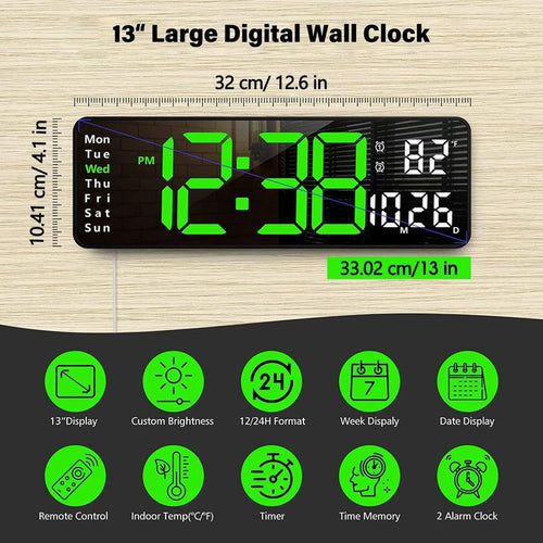 13" Large Digital Clock with Temperature, Date, Auto DST, Night Light, Auto Brightness Dimmer