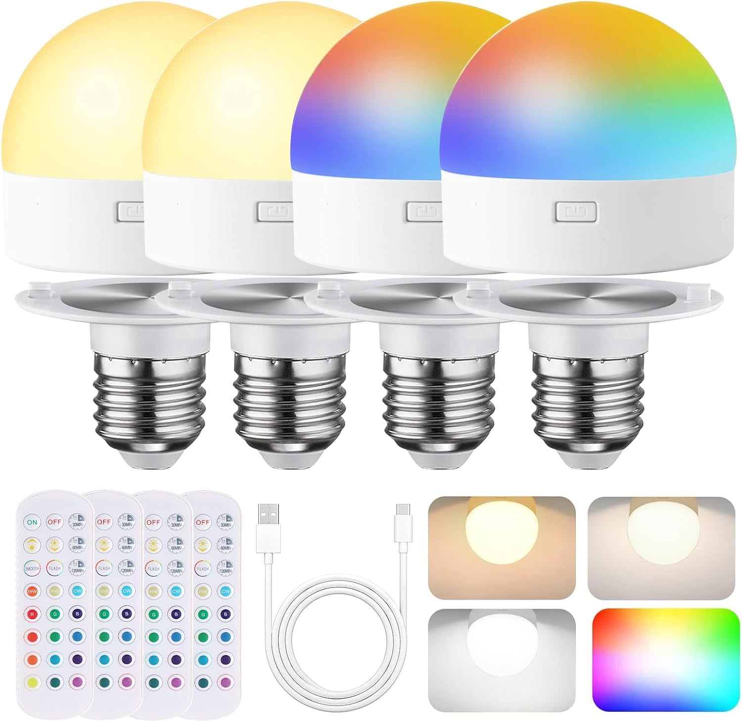 Rechargeable Light Bulbs with Remote Control, Battery Operated Light Bulb for Sconce and Lamp, 3 Color Temperature Dimmable E26 Wireless Detachable LED Charging Bulb
